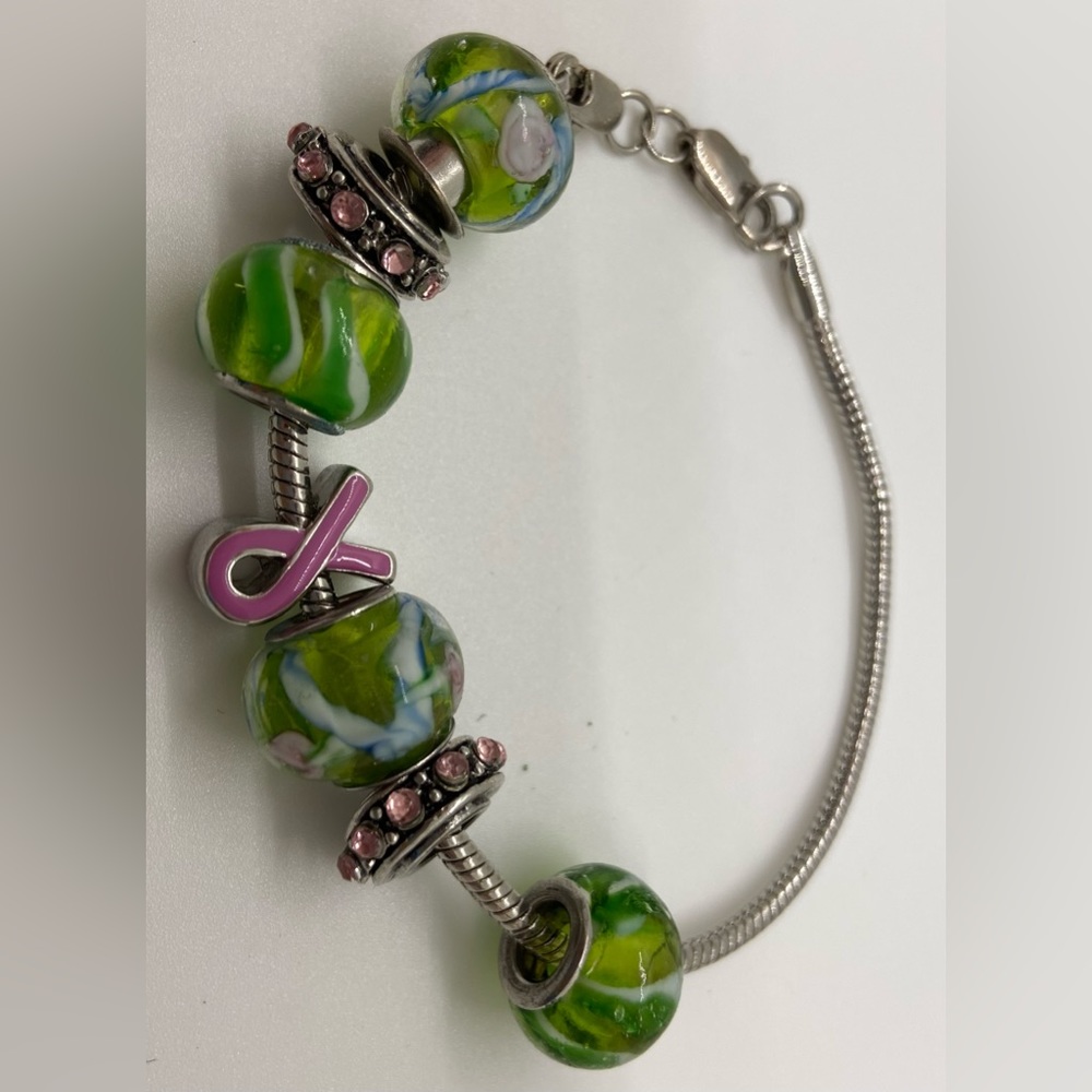 Glass vintage beads breast cancer bracelet.